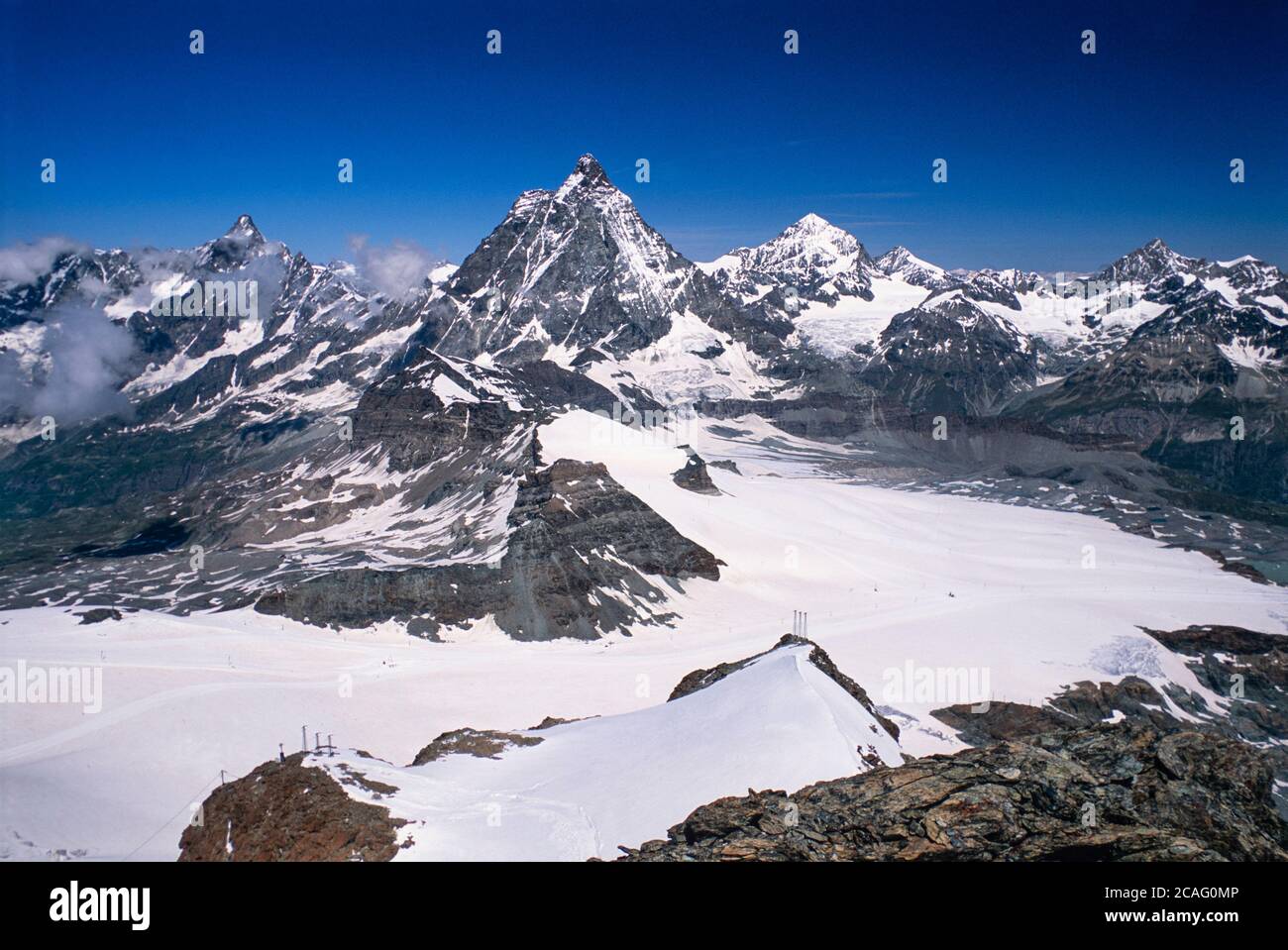 Archive image: Summer view of the Matterhorn, photographed in 2002 from the Kleine Matterhorn cable car summit station Stock Photo