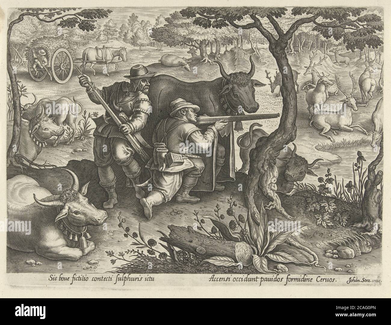 Deer hunting with camouflage, Philips Galle, after Jan van der Straet, 1578 Stock Photo