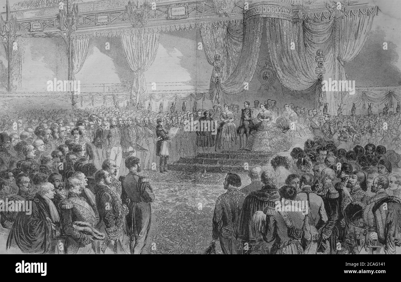 Inauguration ceremony for the opening of the industrial exhibition in Paris between 1844 to 1849, France  /  Einweihungszeremonie zur Eroeffnung der Industrie Ausstellung in Paris zwischen 1844 bis 1849, Frankreich, Historisch, historical, digital improved reproduction of an original from the 19th century / digitale Reproduktion einer Originalvorlage aus dem 19. Jahrhundert, Stock Photo