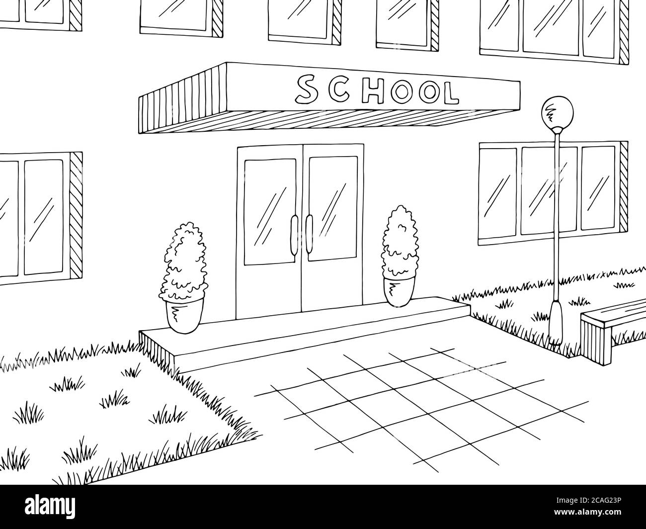School exterior building graphic black white sketch illustration vector