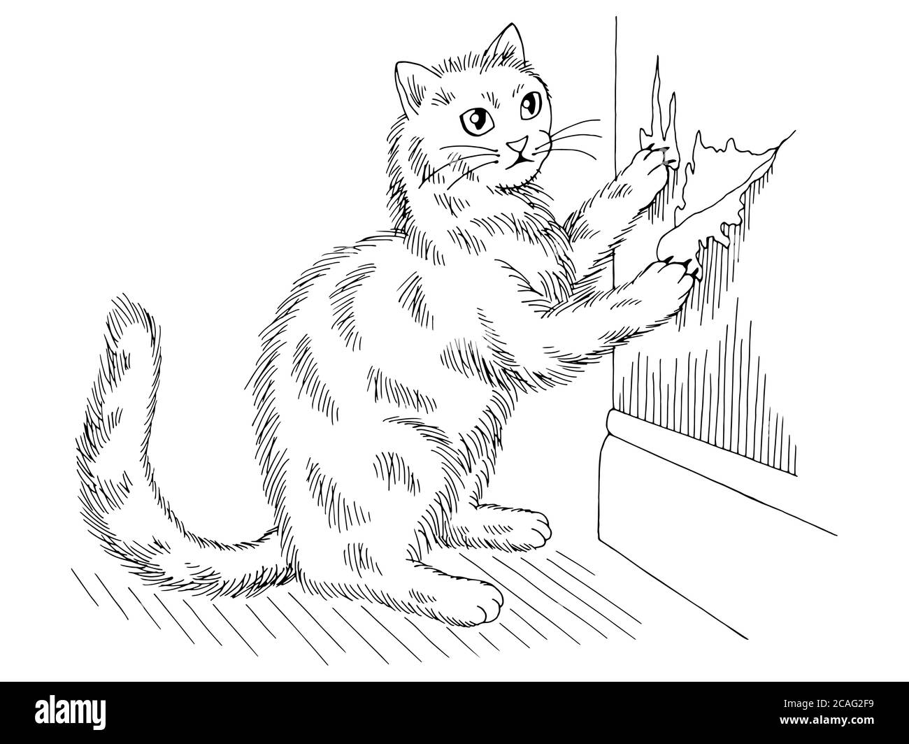 Cat is sharpening claws tearing wallpaper graphic black white sketch illustration vector Stock Vector