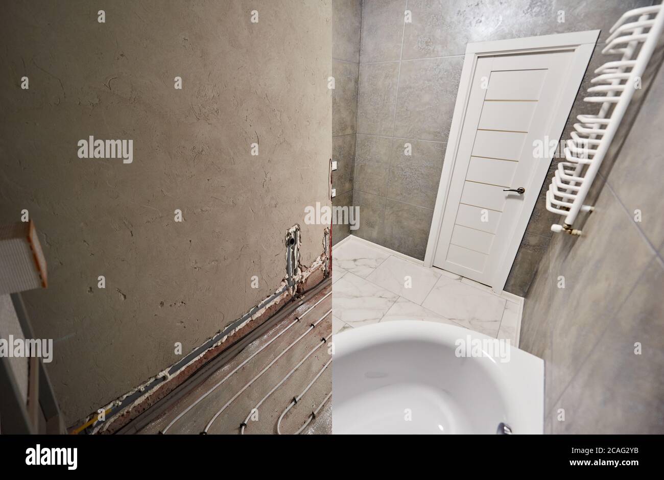 Modern bathroom with marble floor and white door before and after refurbishment. Comparison of old restroom with underfloor heating pipes and new bathroom with heated towel rail and while bathtub. Stock Photo