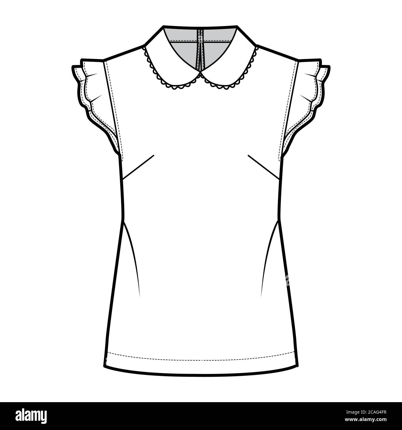 Round collar blouse technical fashion illustration with loose silhouette, flutter sleeve, back button-fastening keyhole. Flat shirt apparel template front white color. Women, men unisex top CAD mockup Stock Vector