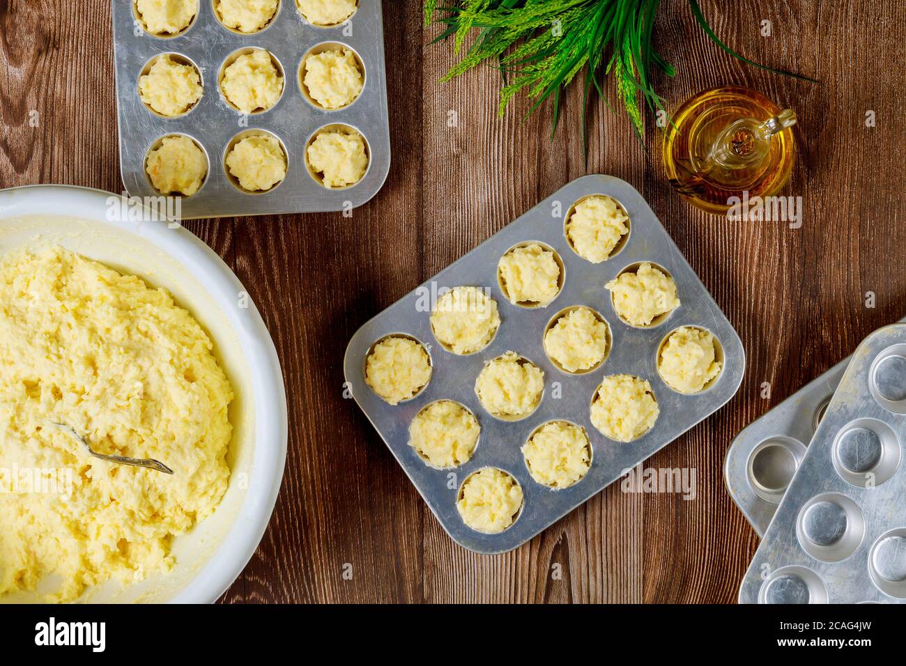 Making dough for baking cheese bread called chipa. Cuisine of Paraguay. Stock Photo
