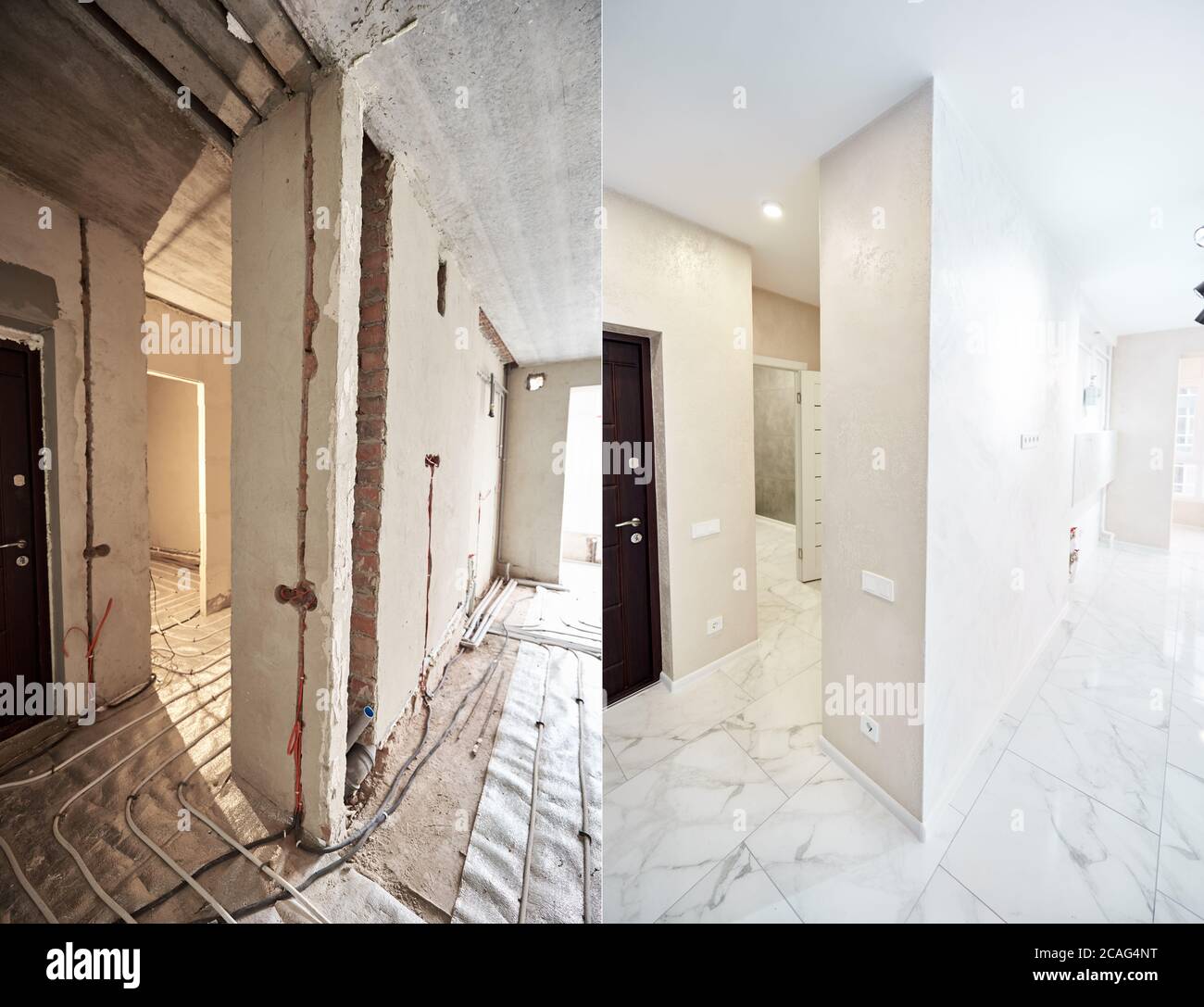 Comparative image of hall in apartment before and after restoration. Entrance door, interior doors, floor heating pipe system and white tiles layer on whole area. Ragged walls vs nice shiny new flat Stock Photo