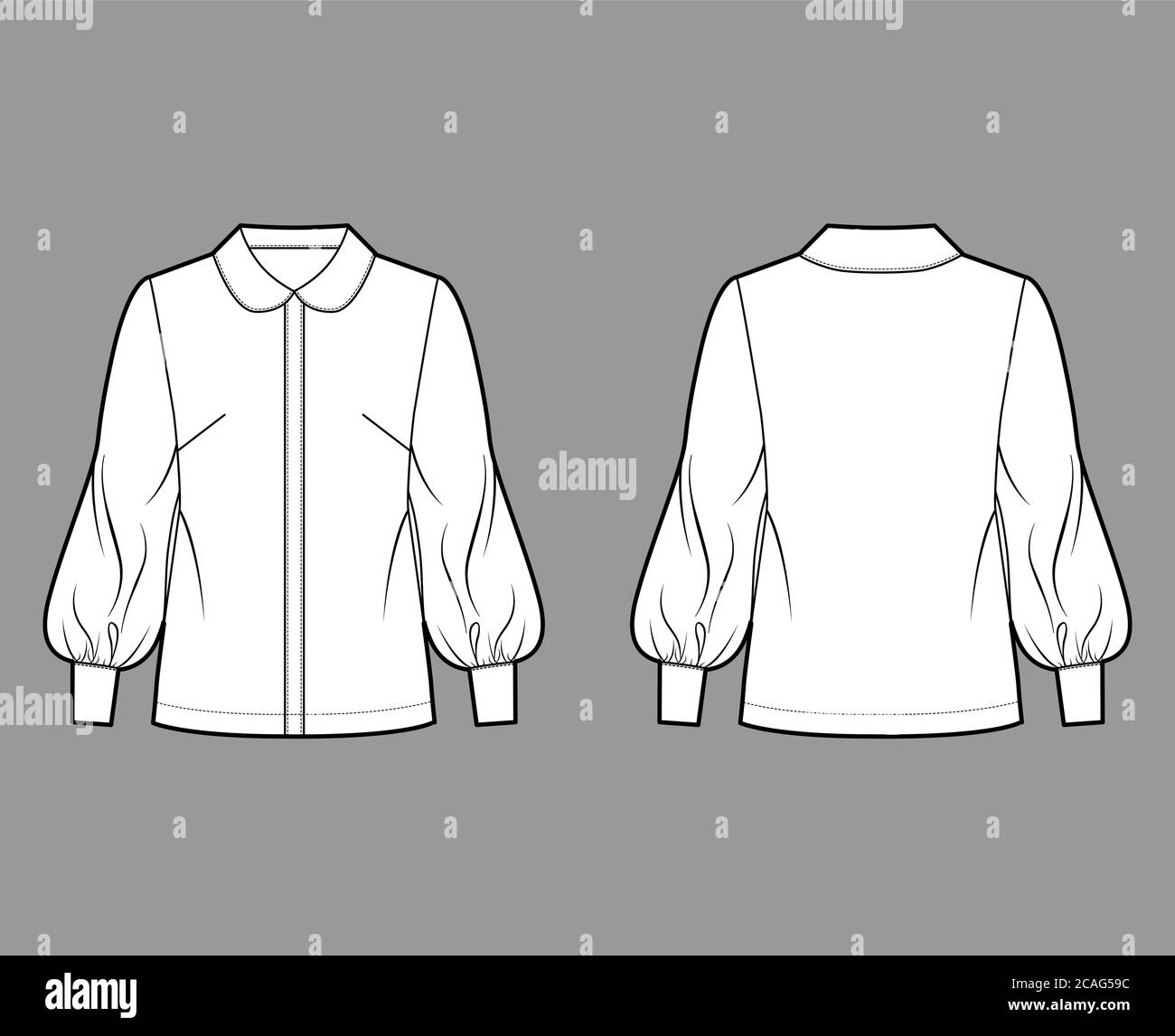 Long bishop sleeve shirt technical fashion illustration with round collar, front button-fastening, loose silhouette. Flat blouse apparel template front back white color. Women, men unisex top mockup Stock Vector