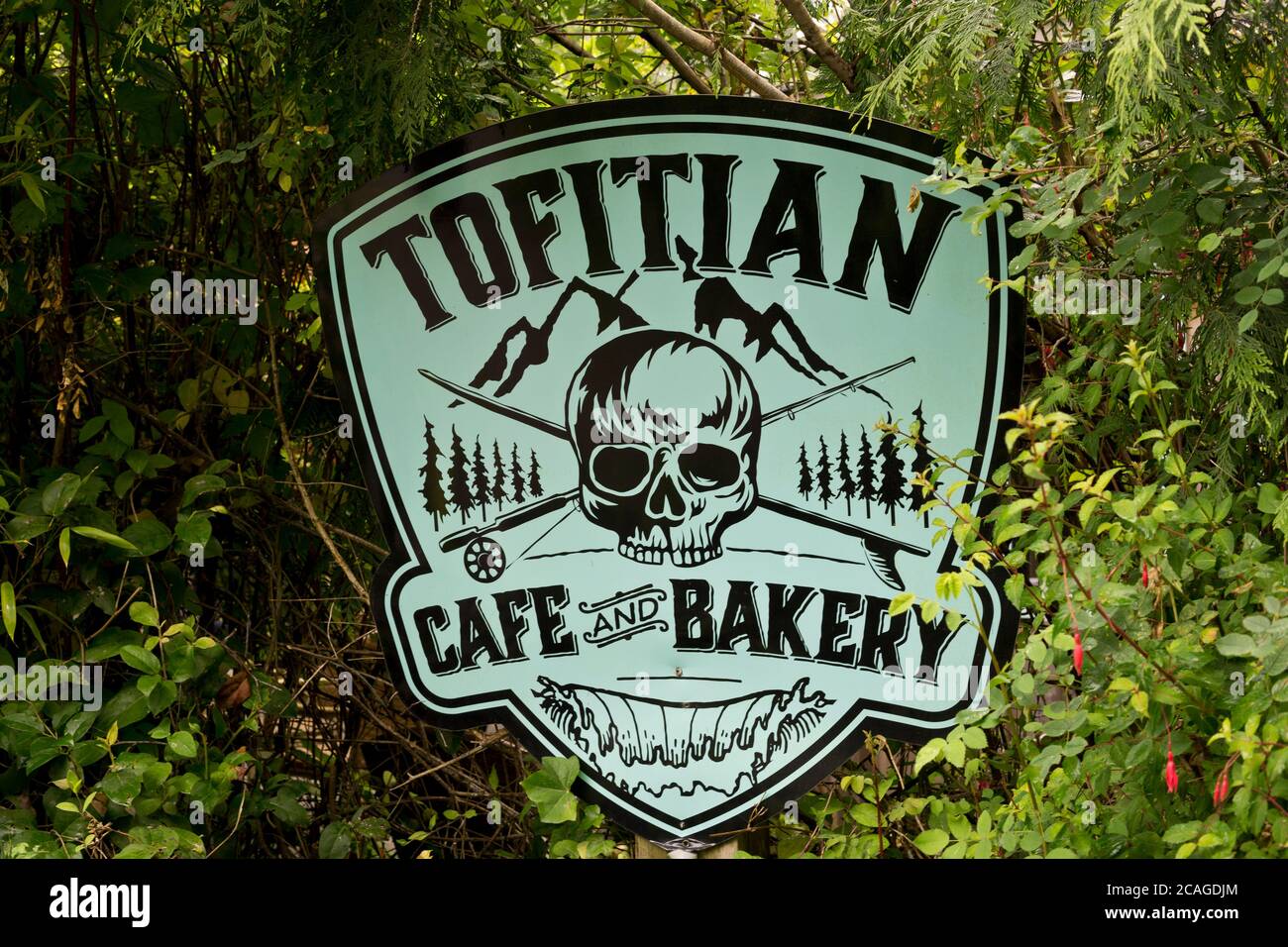 Sign for Tofitian Cafe and Bakery in Tofino, British Columbia, Canada Stock Photo