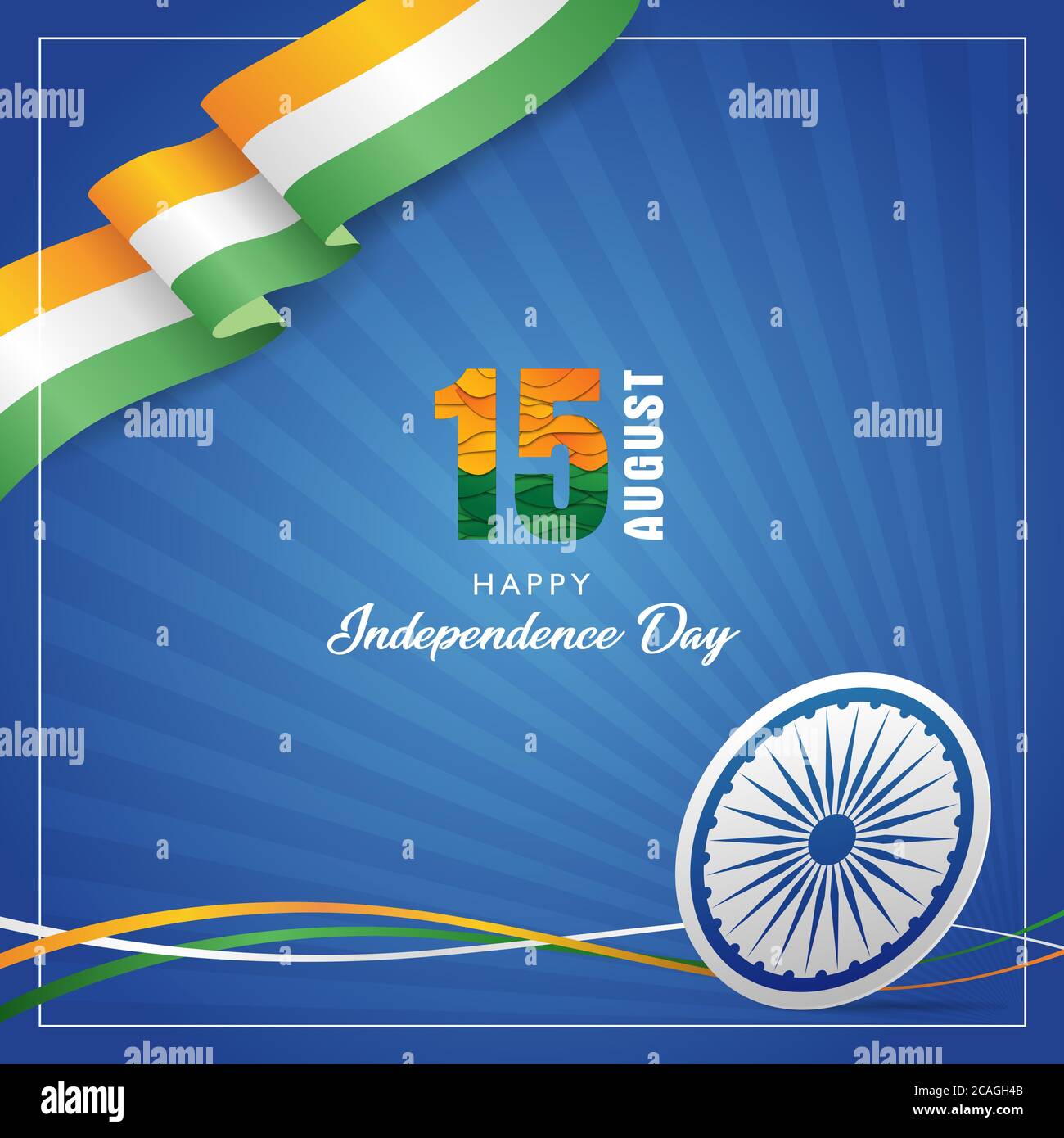 Indian Independence Day Attractive Wallpaper Banner with Ashoka wheel, National Indian Flag Tricolours wave on Square size Radial Gradient Blue Backgr Stock Vector