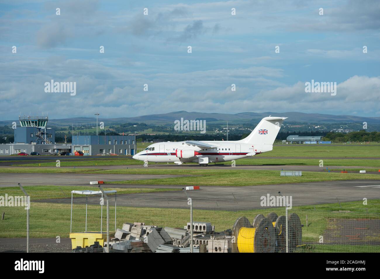 Glasgow, Scotland, UK. 7th Aug, 2020. Pictured: UK Chancellor Rishi Sunak MP has landed in Glasgow, Scotland. His government executive air transport (REG ZE701, Bae HS146 Aircraft type) is seen parked up on the tarmac at Glasgow Airport. He is expected to make several visits to businesses within Renfrewshire and see first hand the effects the lockdown has had on business and the economy. Credit: Colin Fisher/Alamy Live News Stock Photo