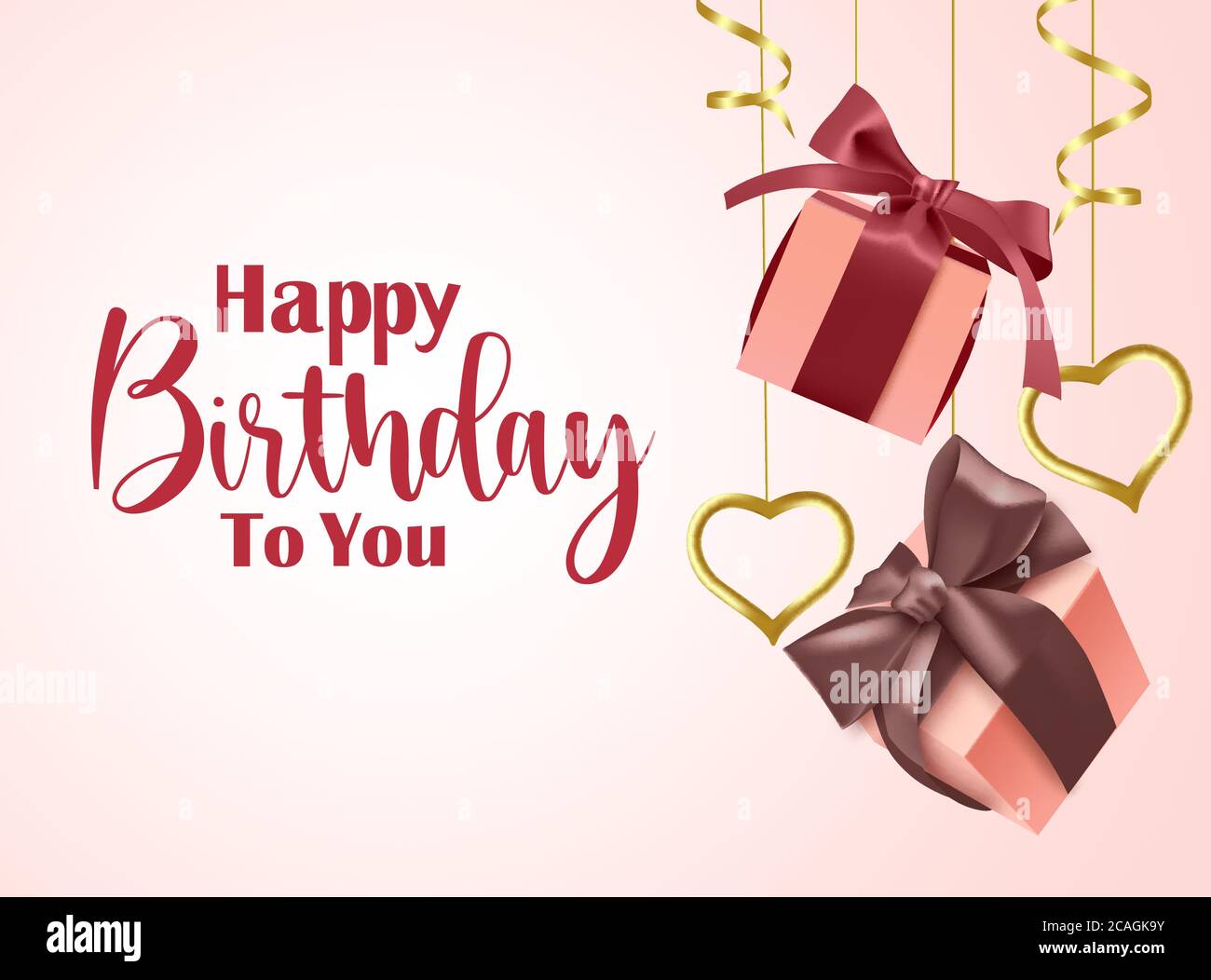 Happy birthday gifts vector banner template. Happy birthday greeting text in empty space for messages with hanging elegant party elements like gift. Stock Vector