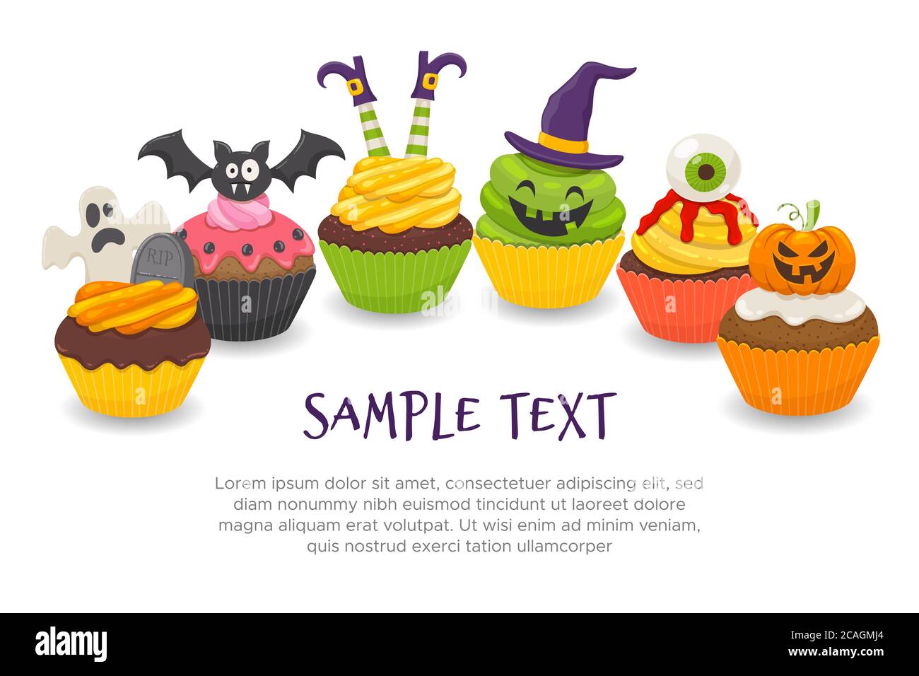 Halloween background with six funny cupcakes isolated on white background. Editable blank space, perfect for headers and DIY cards. Vector illustratio Stock Vector