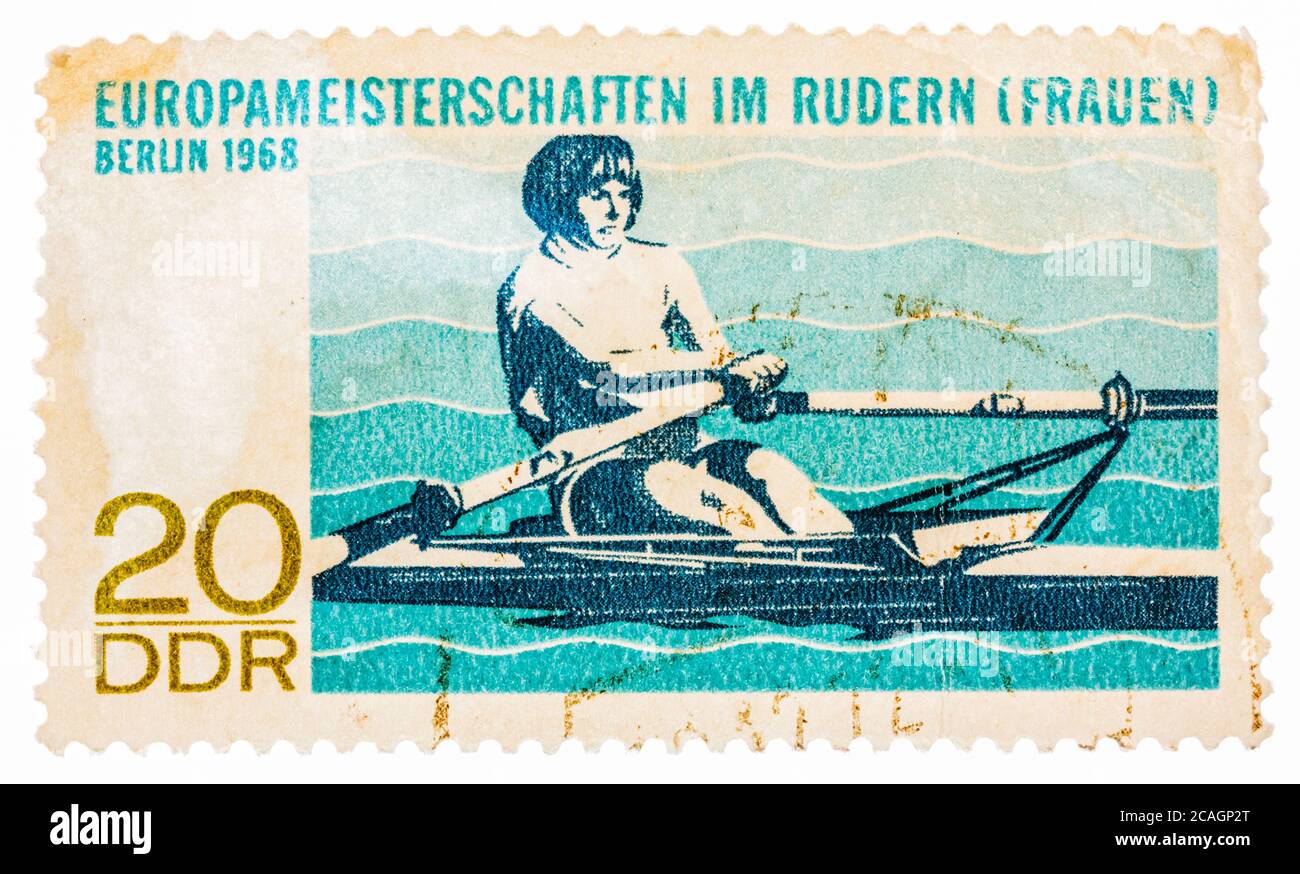 Postcard printed in the DDR shows Championship European Rowing WOMEN  Stock Photo