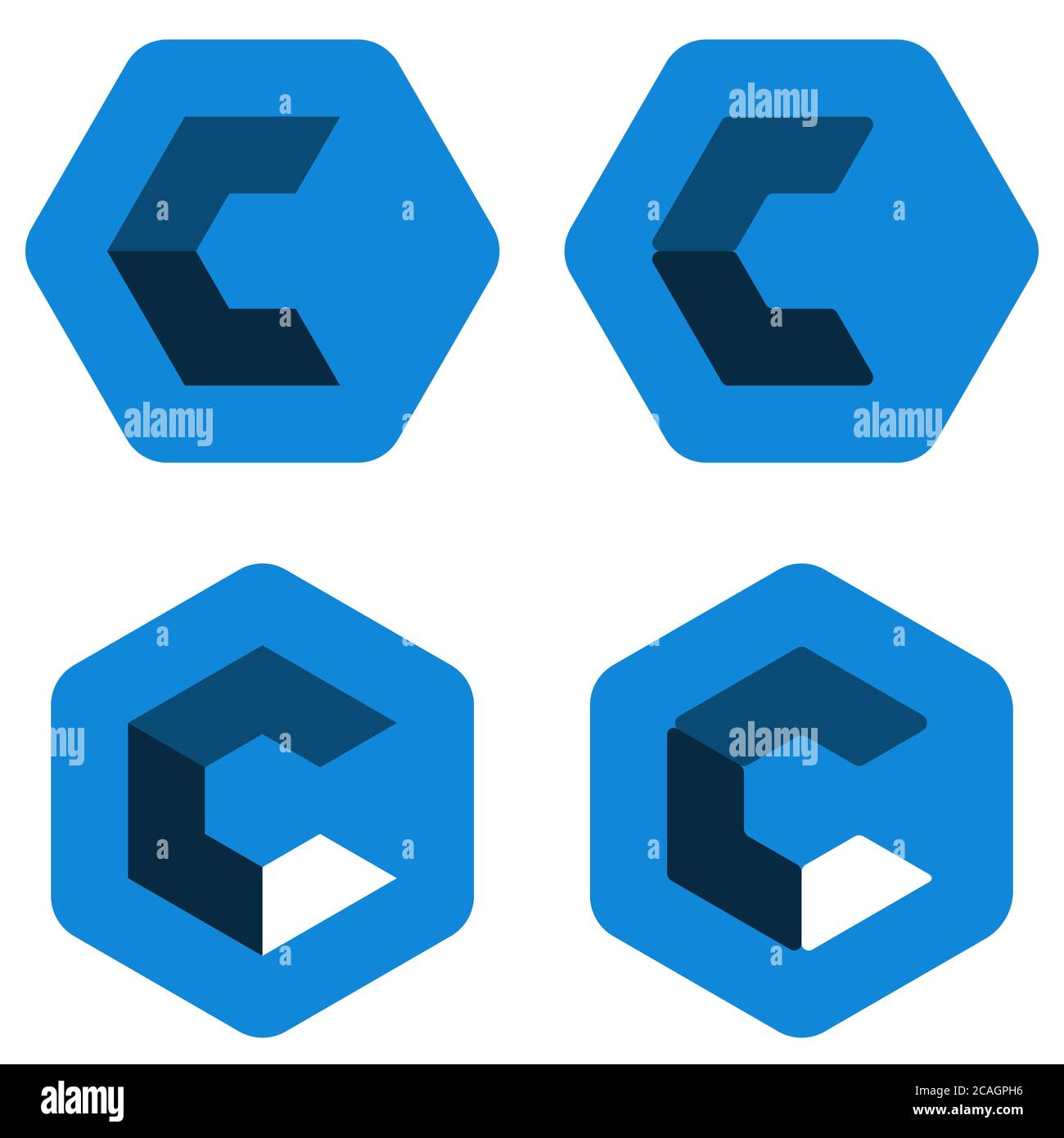 Vector illustration. Hexagon c logo in different positions. Three dimensional. Stock Vector