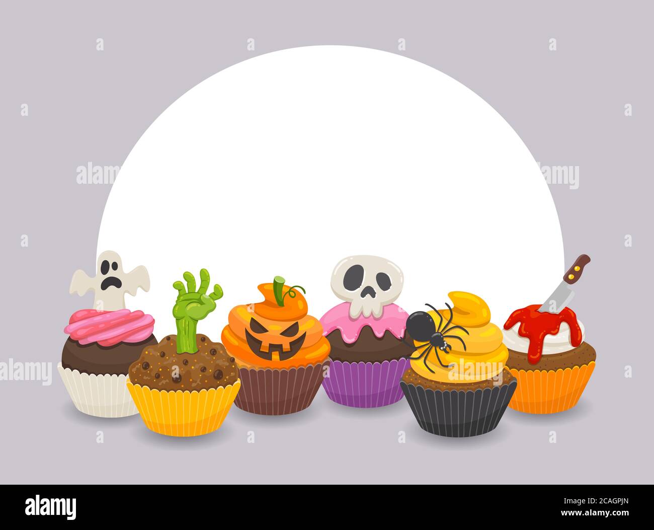 Halloween background with six funny cupcakes isolated on white background. Blank space in the top side, perfect for add your own text. Vector illustra Stock Vector
