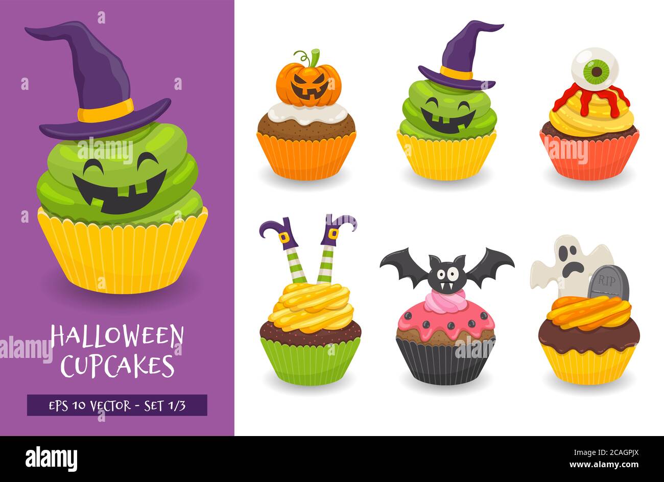 Halloween cupcake set. Cute scary desserts, perfect for party invitations. Vector illustration isolated on a white background. Set 1 of 3. Stock Vector