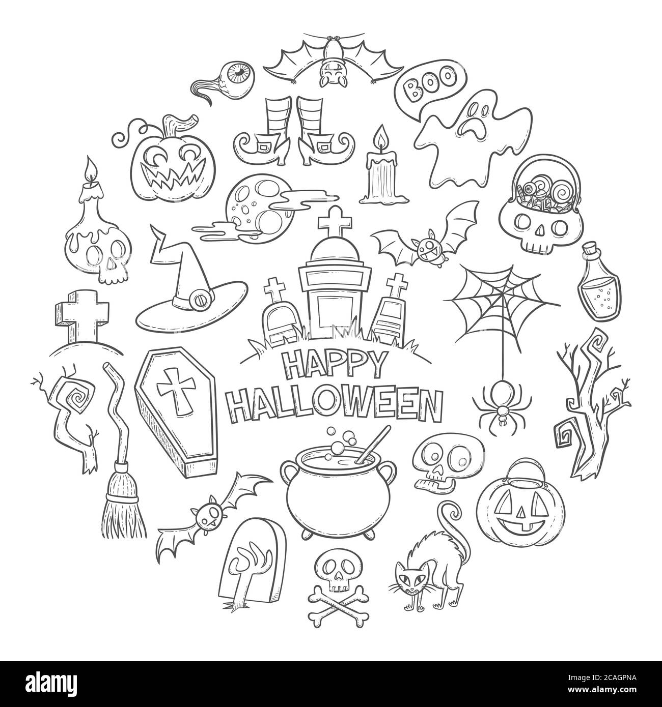 Halloween doodle elements collection. Cute background with hand drawn doodle elements of Halloween celebration. Vector illustration isolated on white Stock Vector