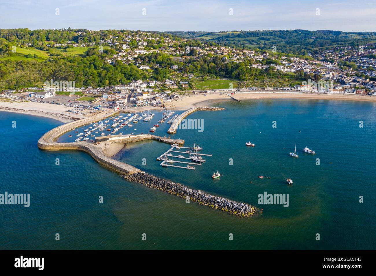 Lyme Regis - The Cobb aerial view at Sunrise early one summer morning Stock Photo