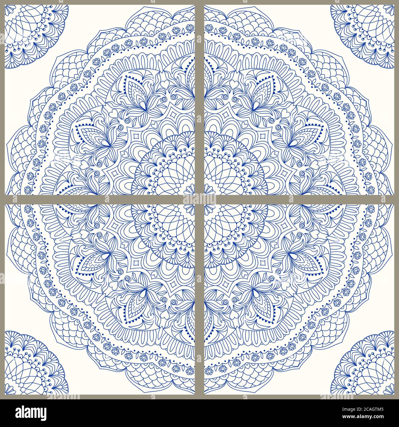 Majolica pottery tile, blue and white azulejo, original traditional Portuguese and Spain decor. Seamless patchwork tile with Victorian motives. Stock Photo