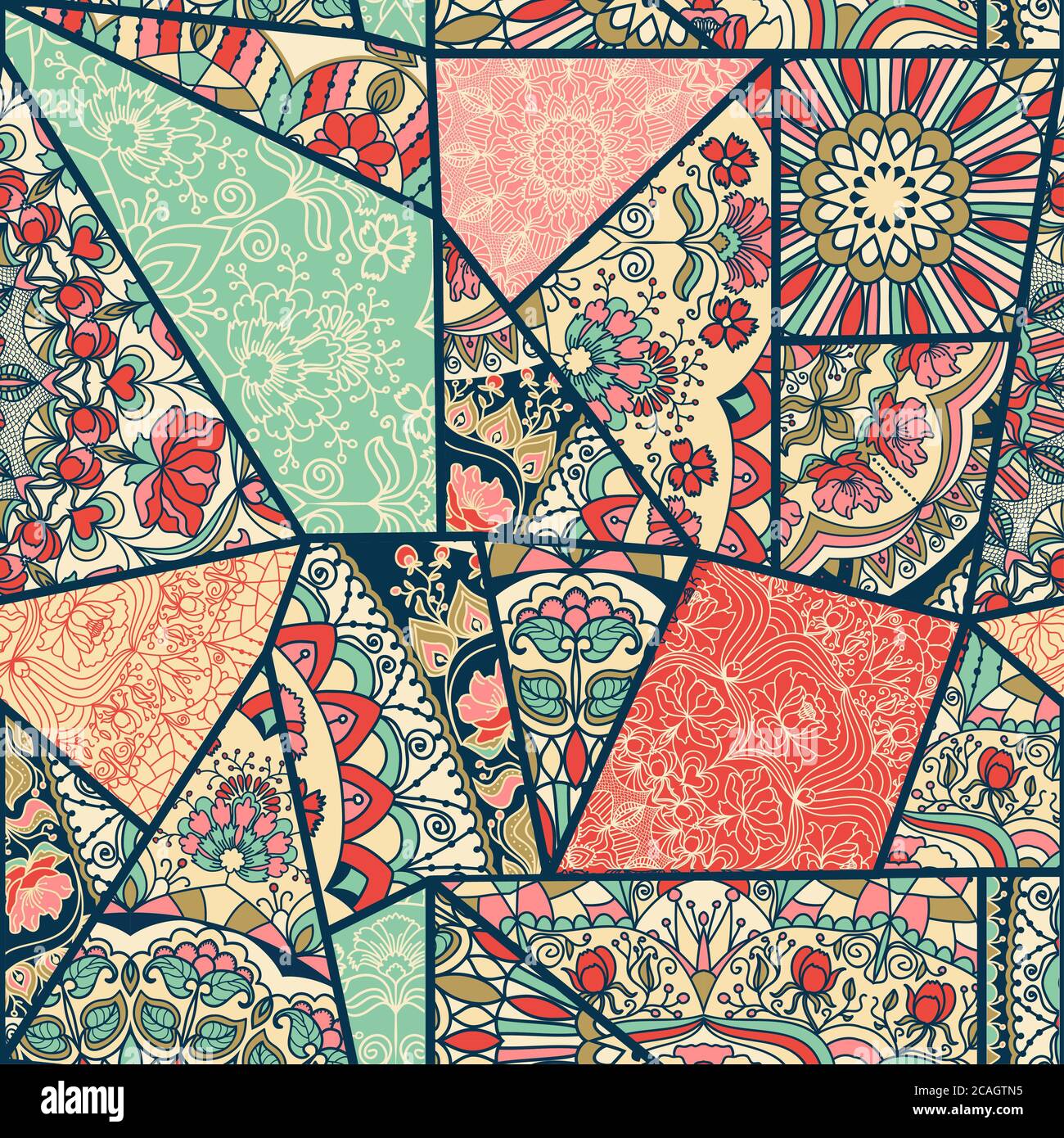 Seamless abstract colorful patchwork pattern. Vintage decorative elements. Hand drawn background in retro colors Stock Photo