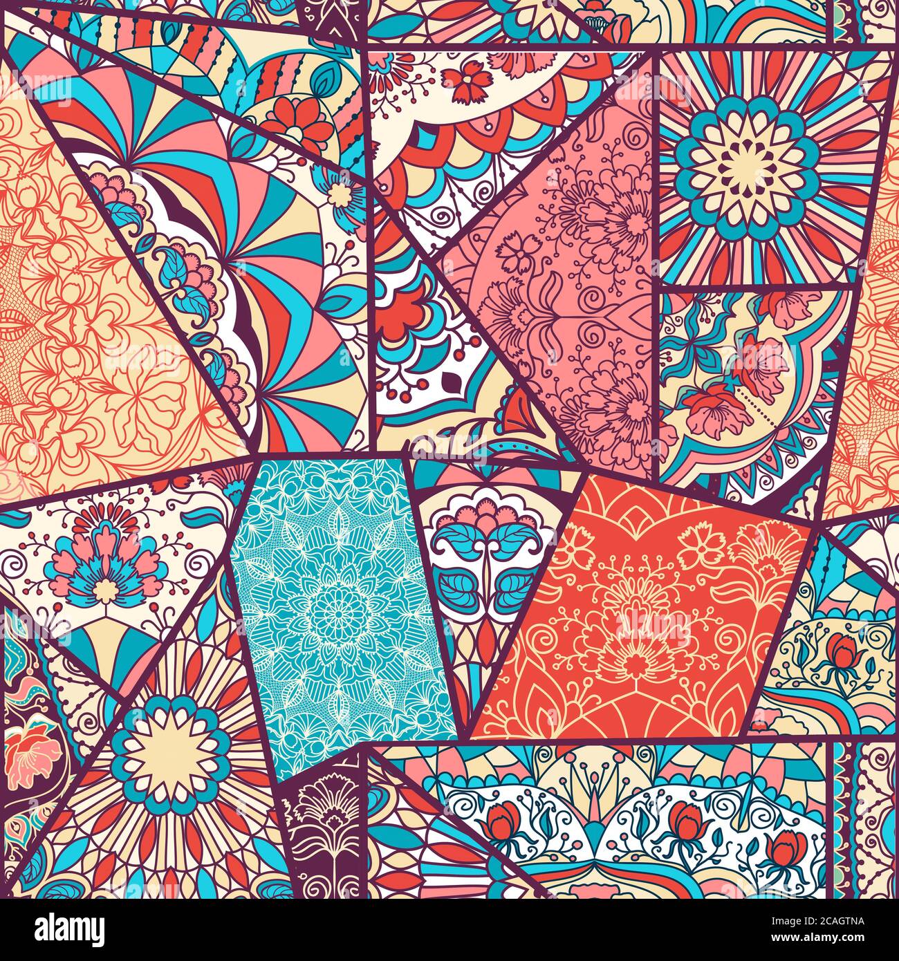 Seamless abstract colorful patchwork pattern. Vintage decorative elements. Hand drawn background in retro colors Stock Photo