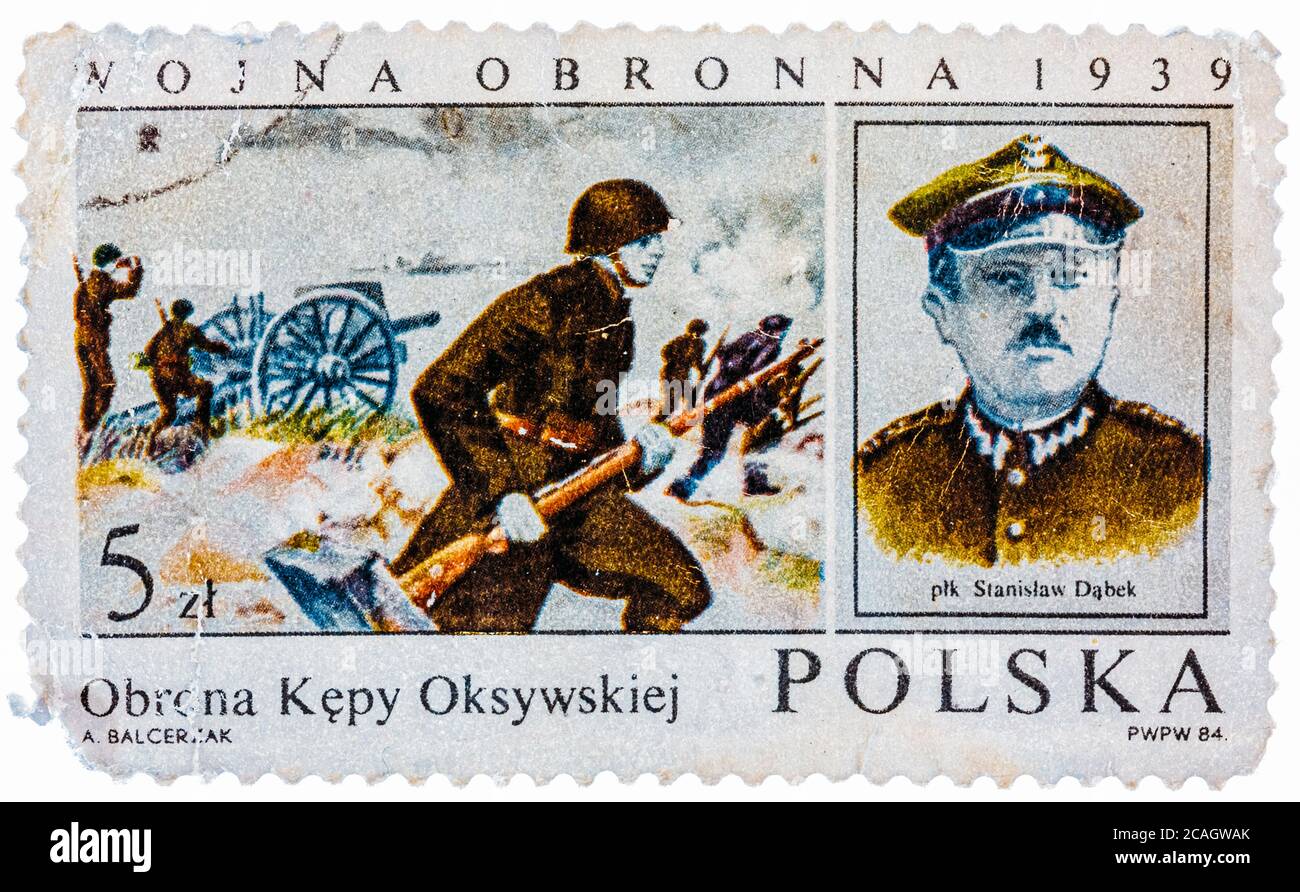 Stamp printed in Poland shows portrait Stanislaw Dabek colonel of the infantry of the Polish Army, posthumously promoted to brigadier general Stock Photo
