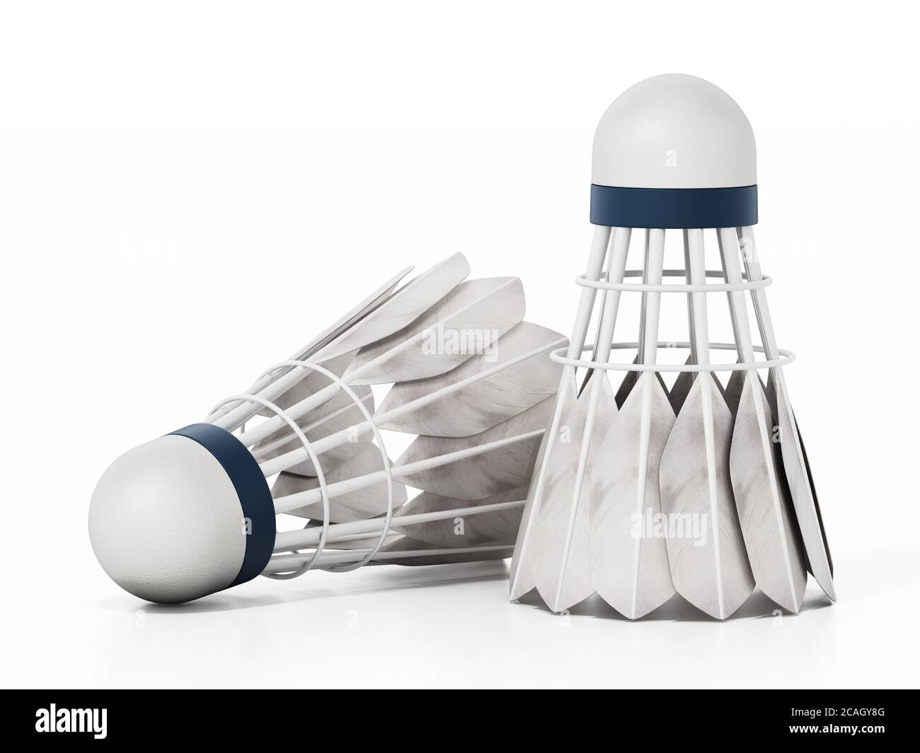 Badminton shuttlecocks and rackets isolated on white background. 3D ...