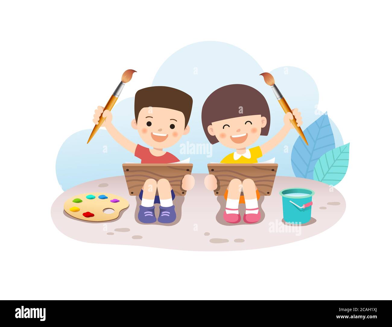 Children art education, cute kids paint outdoors. White background, vector illustration. Stock Vector