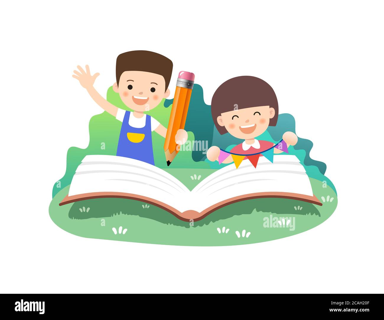 Children education, cute kids read books in nature. White background, vector illustration. Stock Vector