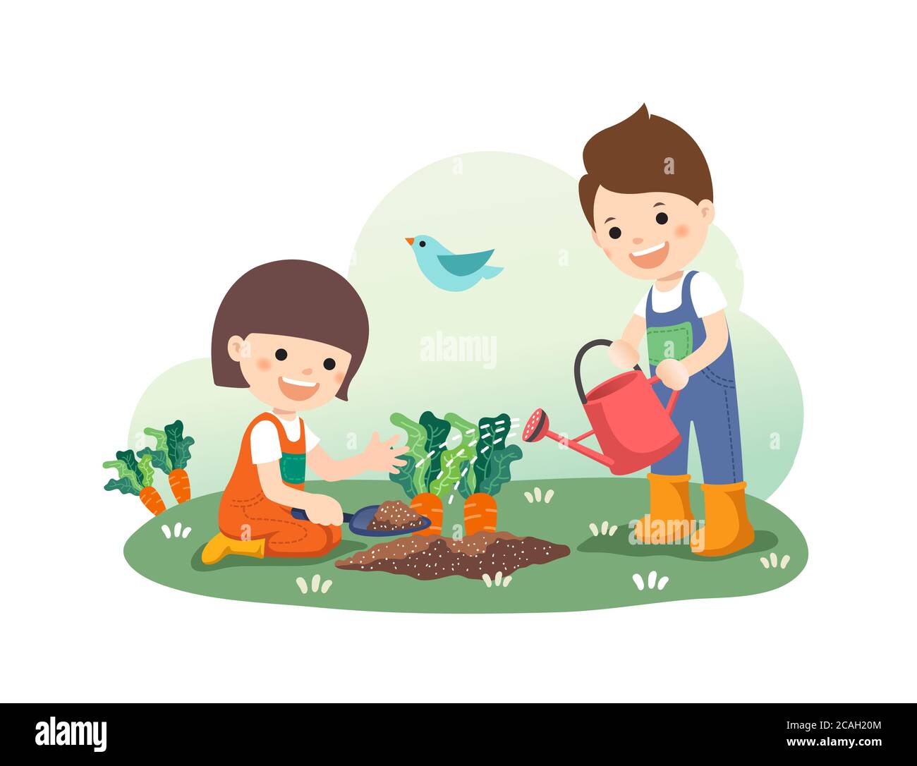 Children education, cute kids water organic vegetable gardens. White background, Vactor illustration. Stock Vector