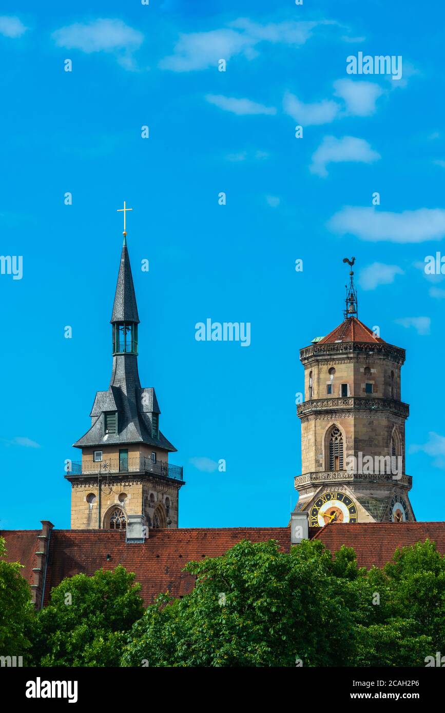 Two different church towers of church  Stiftskirche,Schlossplatz or Castle Square  in the city centre, Stuttgart, Baden-Württemberg, Germany, Europe Stock Photo