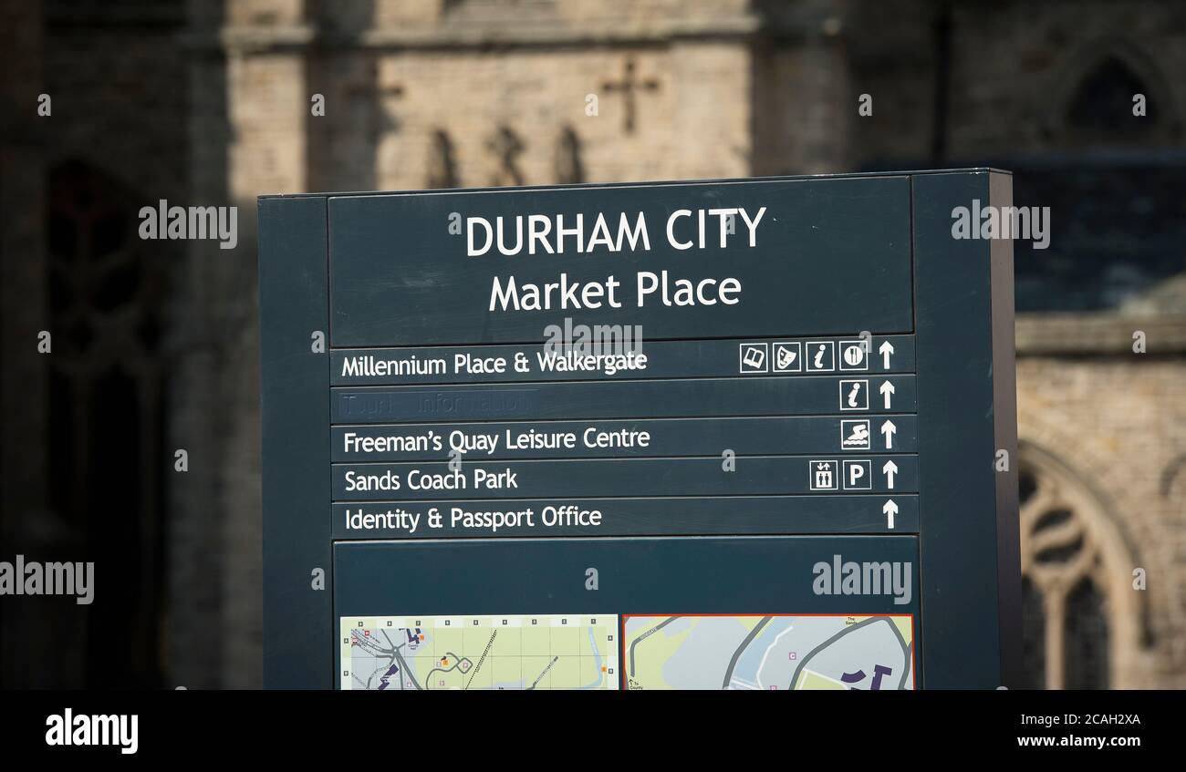 Sign in the market place in the cathedral city of Durham, County Durham, England. Stock Photo