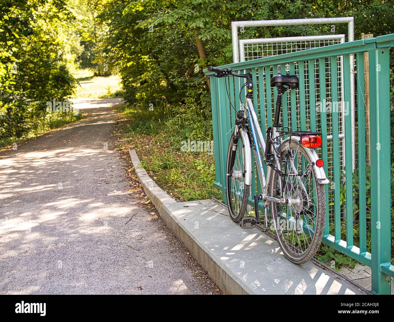 Ein wunderbarer Wald in seiner natürlichen Schönheit. Ein Fahrrad an einer Brücke gekettet. Stock Photo