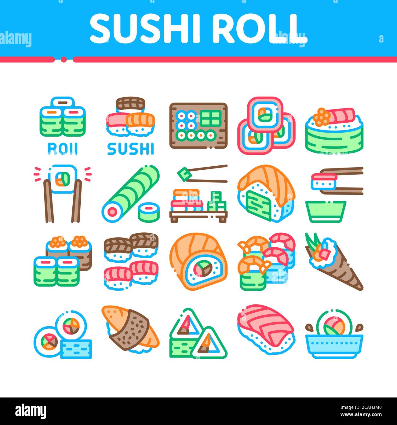 Sushi Roll Asian Dish Collection Icons Set Vector Stock Vector Image ...