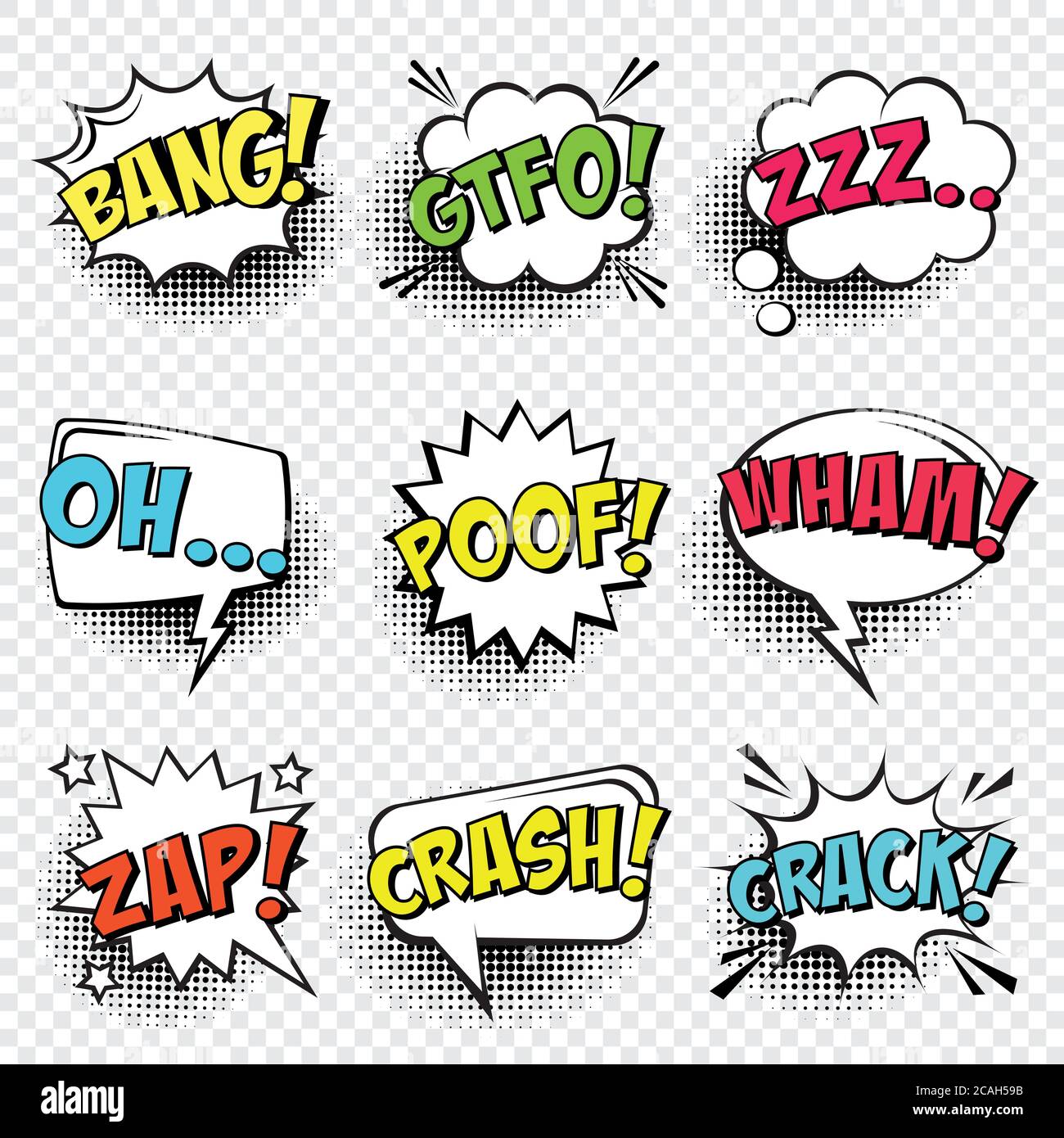 Comic speech bubbles with halftone shadow and text phrase. Vector hand ...