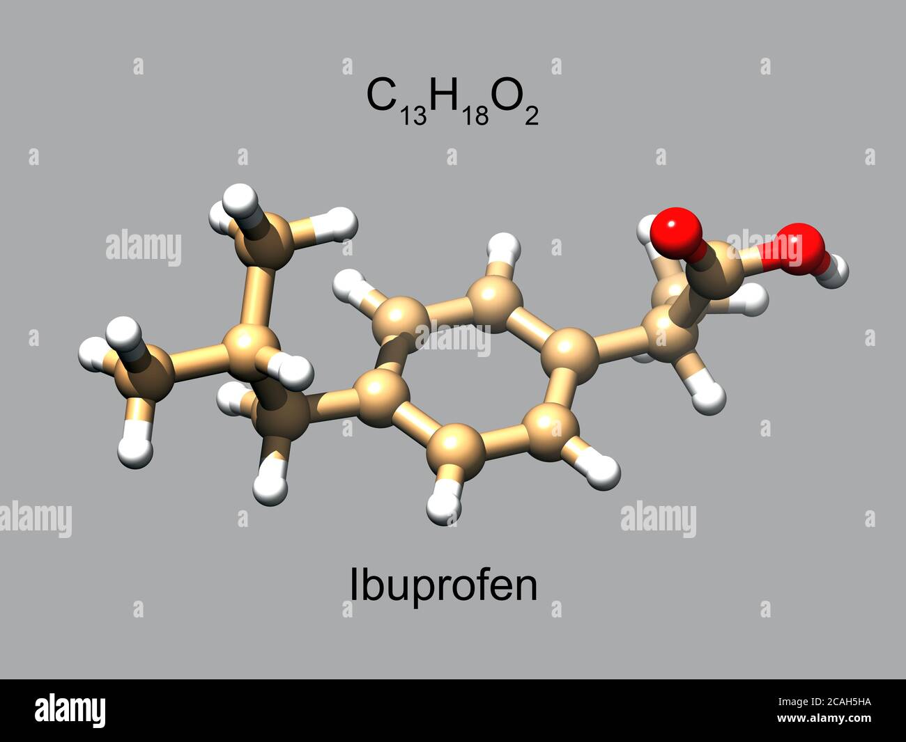 Structure of ibuprofen, a common non-steroid anti-inflammatory drug, 3D ball-and-stick model, gray background Stock Photo