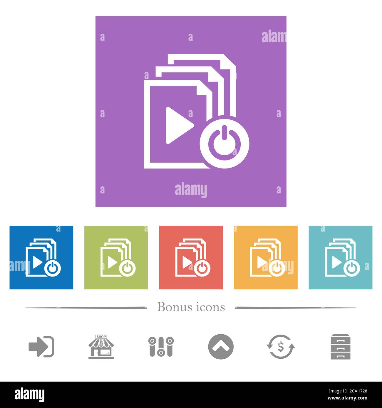 Exit from playlist flat white icons in square backgrounds. 6 bonus icons included. Stock Vector