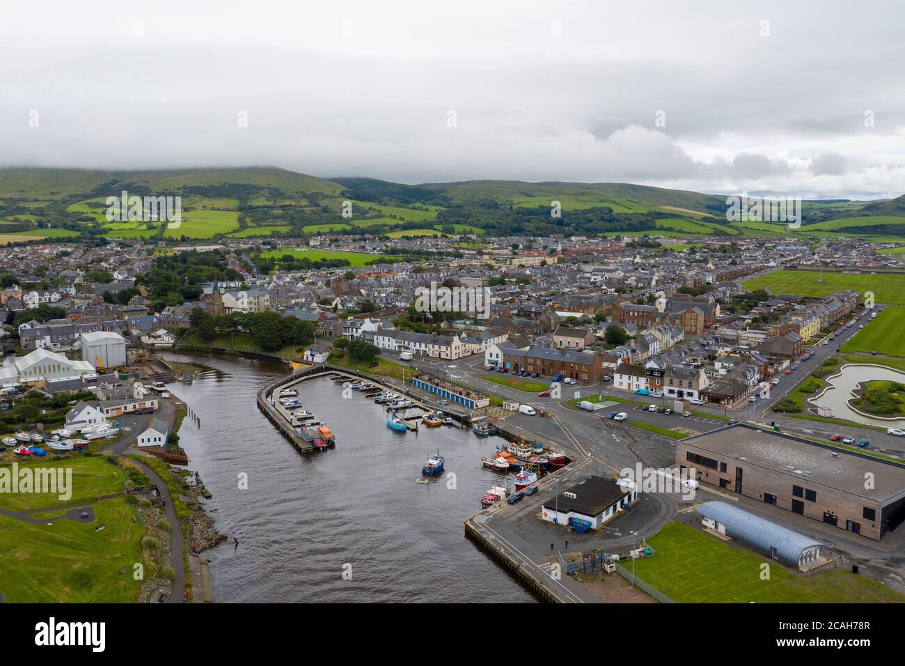 Aerial view of Girvan harbour and town centre, South Ayrshire, Scotland