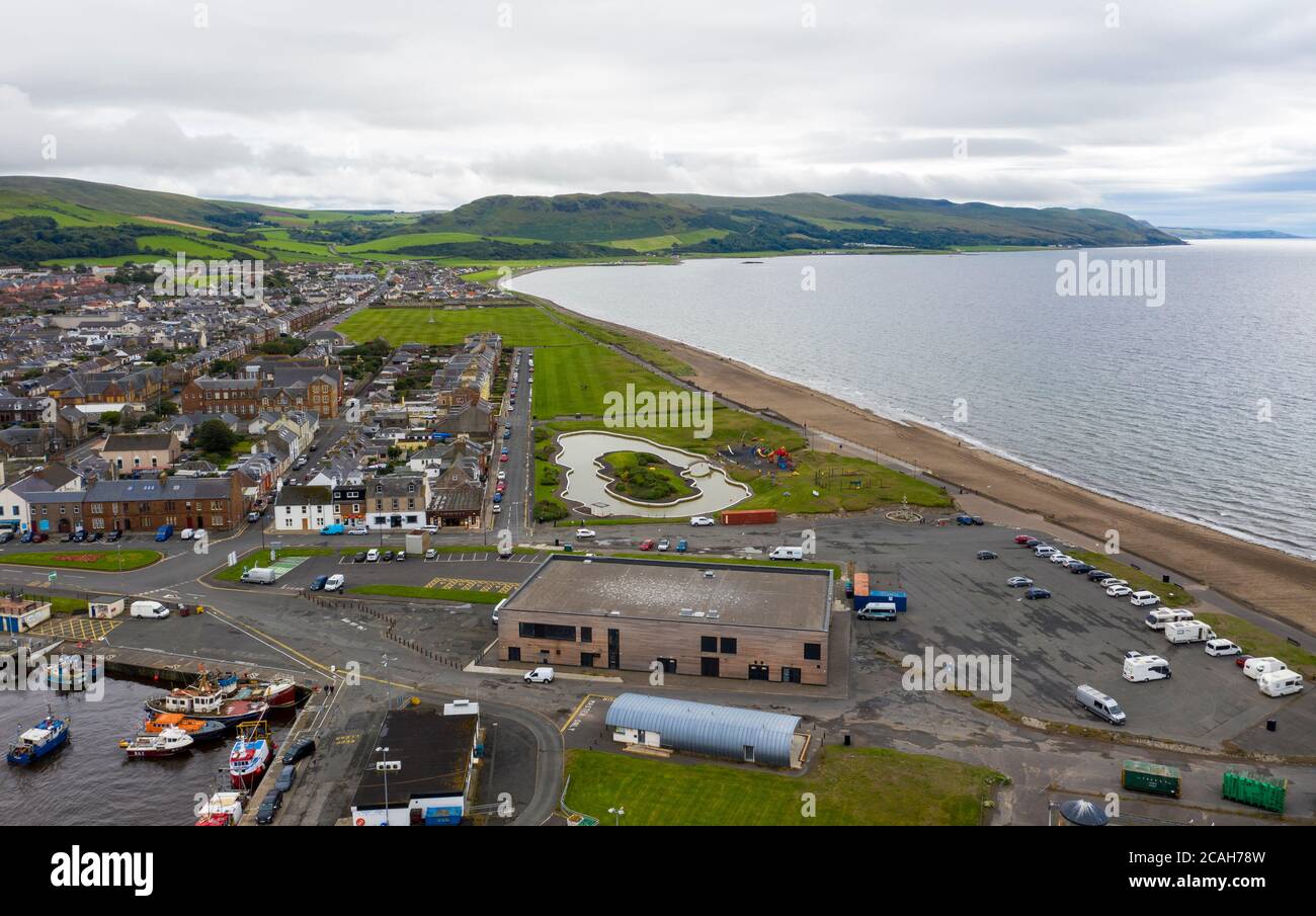 Aerial view of Girvan harbour and town centre, South Ayrshire, Scotland