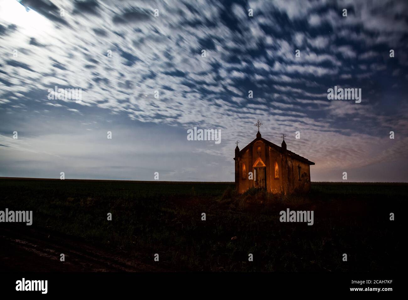 A night view scene of an abandoned old church in Ibirarema - SP - Brazil Stock Photo