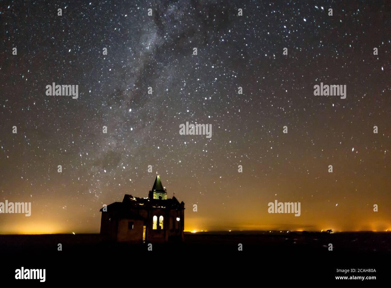 A night view scene of an abandoned old church in Palmital - SP - Brazil Stock Photo
