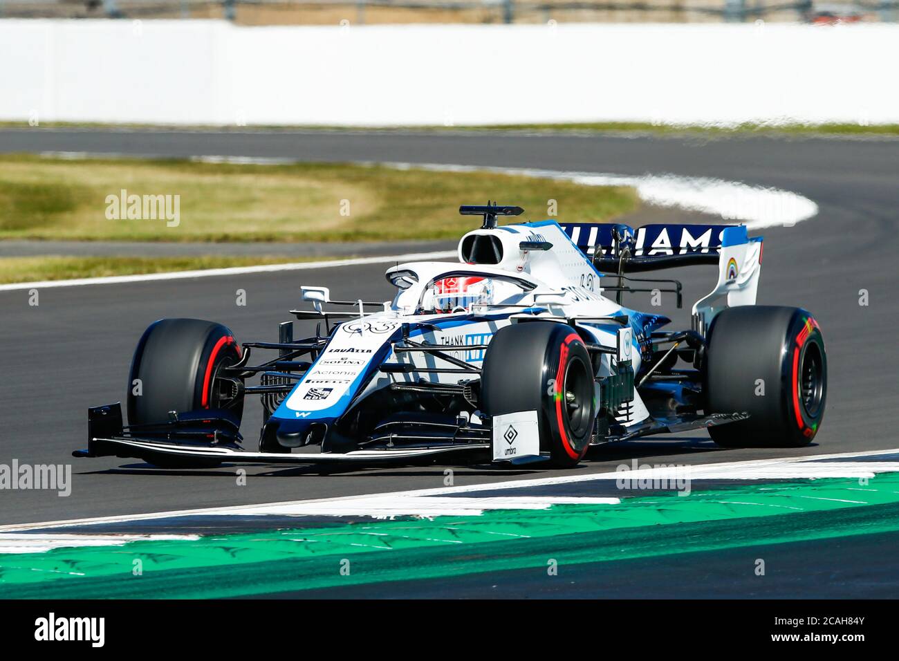 Williams Racing driver George Russell during the first practice session of the 70th Anniversary Formula One Grand Prix at Silverstone Race circuit, Northampton. Stock Photo