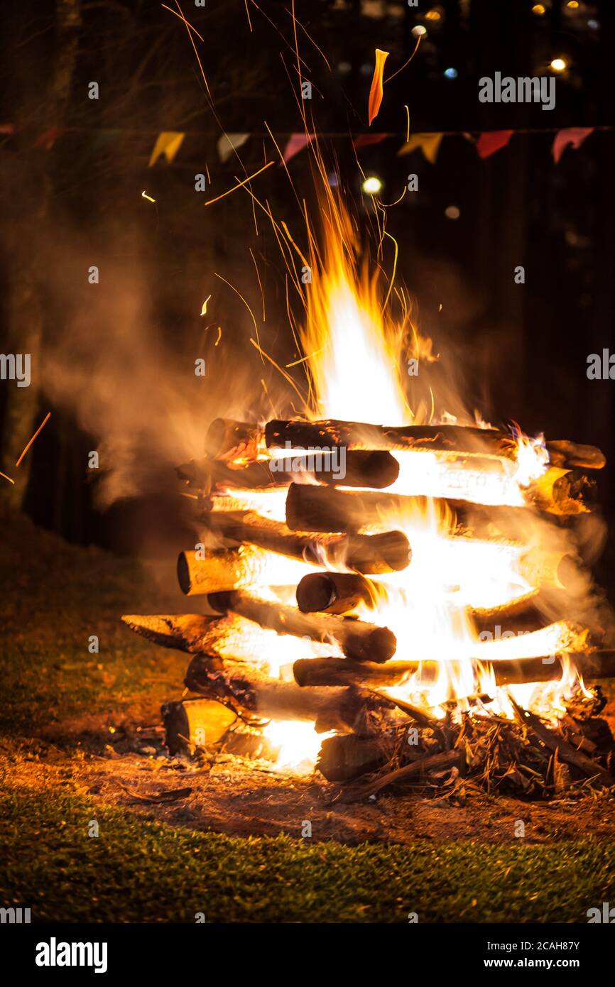 Campfire of traditional June festivities in countryside of São Paulo state - Brazil Stock Photo