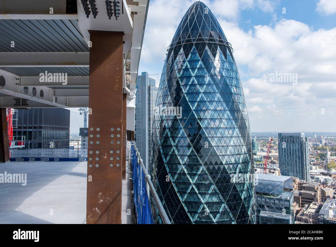 Elevated view looking north from the Scalpel. 30 St Mary Axe, London, United Kingdom. Architect: Foster + Partners, 2004. Stock Photo