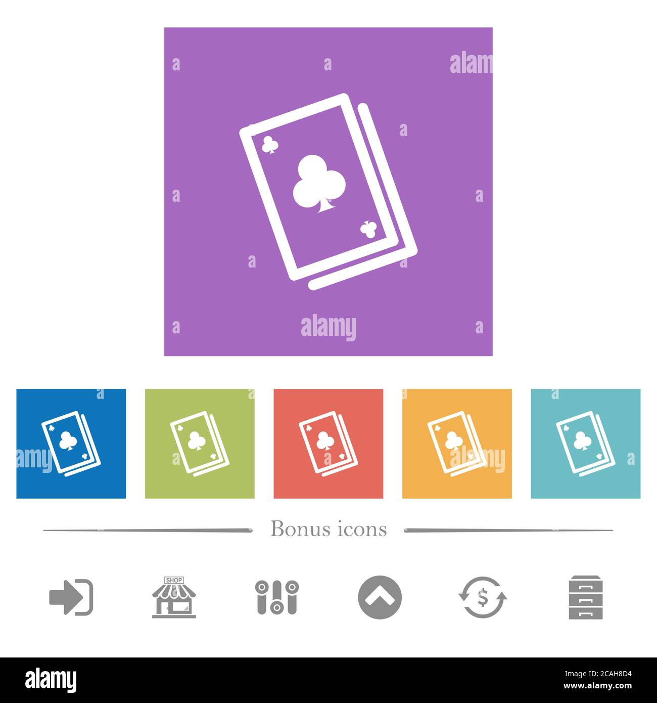 Card game flat white icons in square backgrounds. 6 bonus icons ...