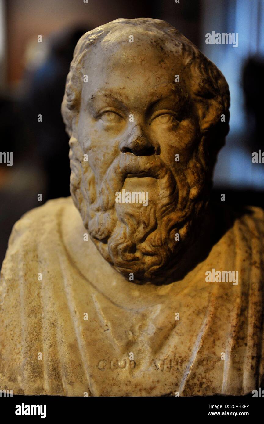 Socrates (470-399 BC). Athenian philosopher. Detail of the Double Herm of Socrates and Seneca. Ancient Roman statue from the first half of the 3rd century AD. Marble. Portraits are coupled in double herm by later roman copyst. Neues Museum (New Museum). Berlin, Germany. Stock Photo