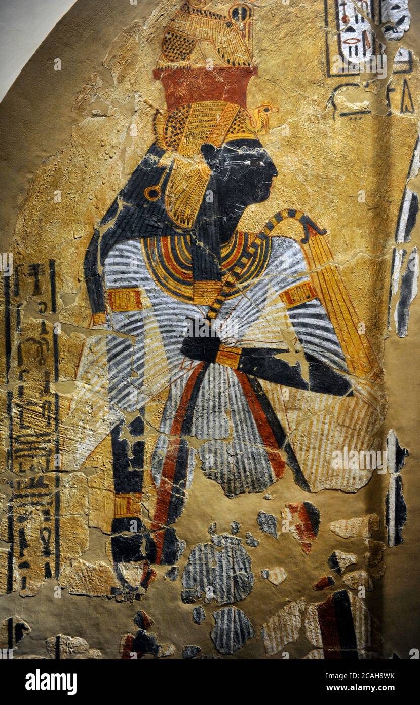 Painting from a tomb featuring the deified queen Ahmose Nefertari, the Great Royal Wife of Ahmose I, founder of the 18th Dynasty ca. 1500 BC. From Deir el-Medine, tomb TT359: Tomb of Inherkha. New Kingdom, 20th Dynasty, 1152-1145 BCE. Egypt. Neues Museum (New Museum). Germany. Europe. Stock Photo