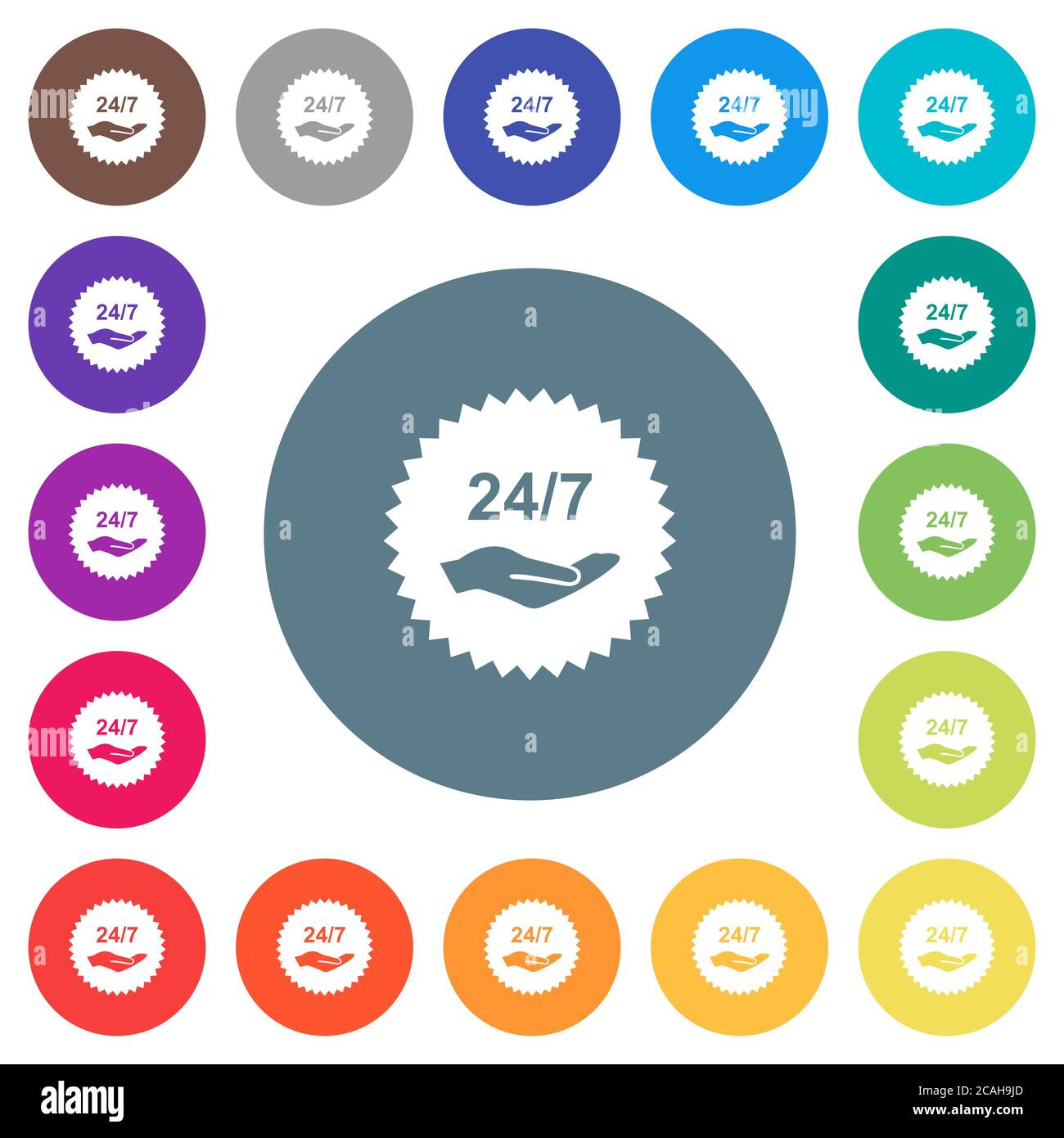 24 hours seven service sticker flat white icons on round color ...