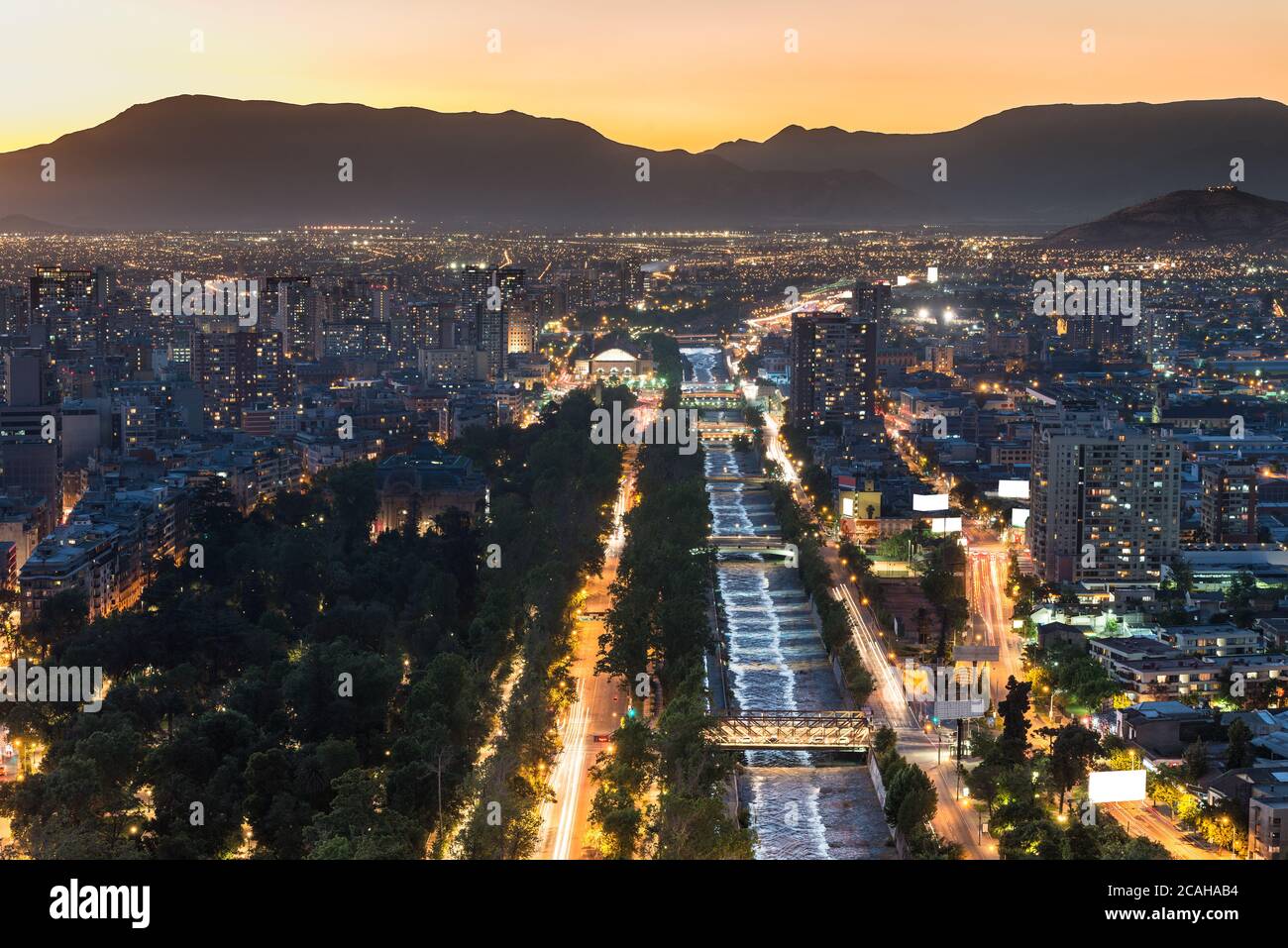 Mapocho River and Forestal Park at downtown with the neighborhoods of Patronato, Bellas Artes and Bellavista, Santiago, Chile Stock Photo
