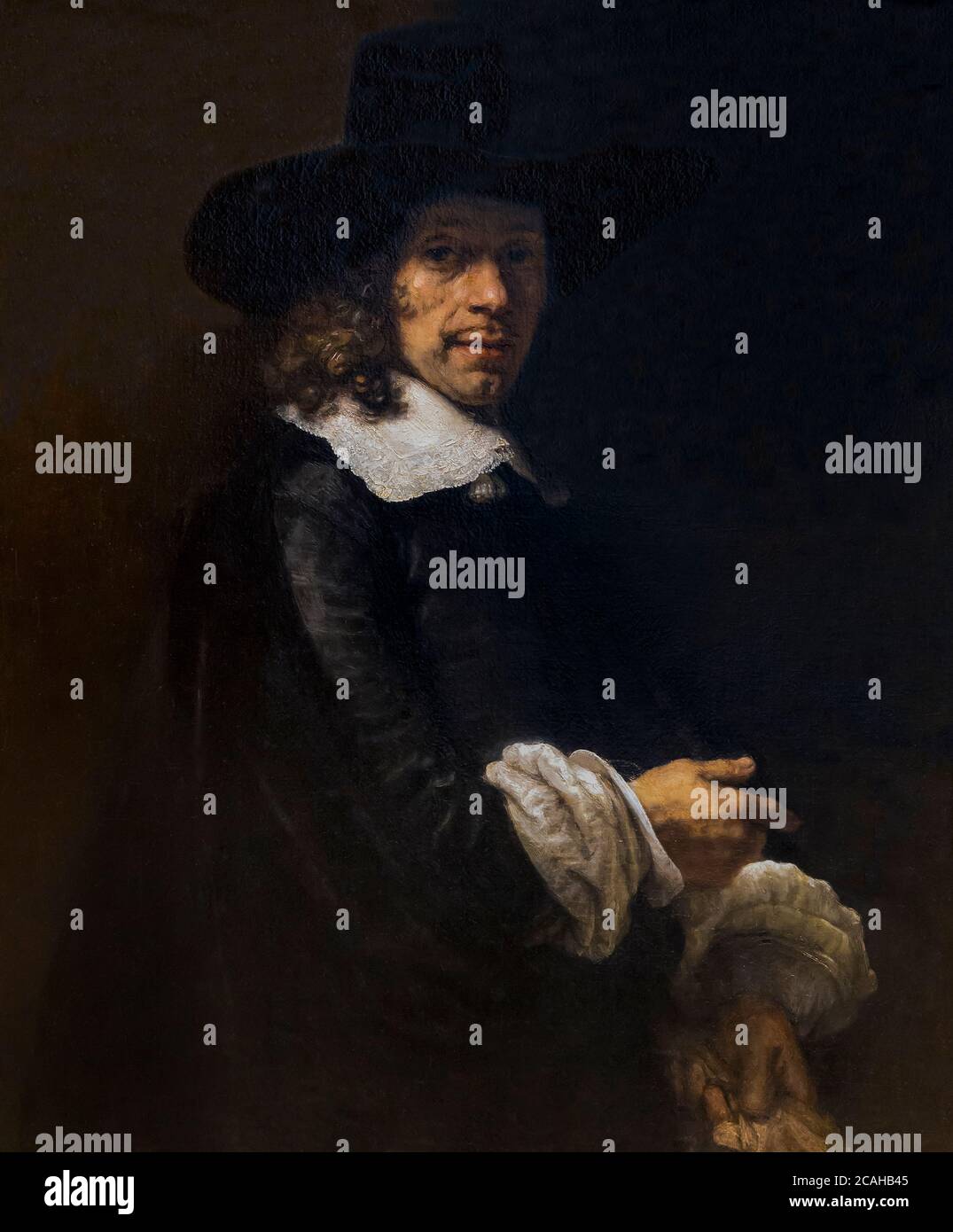 Portrait of a Gentleman with a Tall Hat and Gloves, Rembrandt, circa 1656, National Gallery of Art, Washington DC, USA, North America Stock Photo