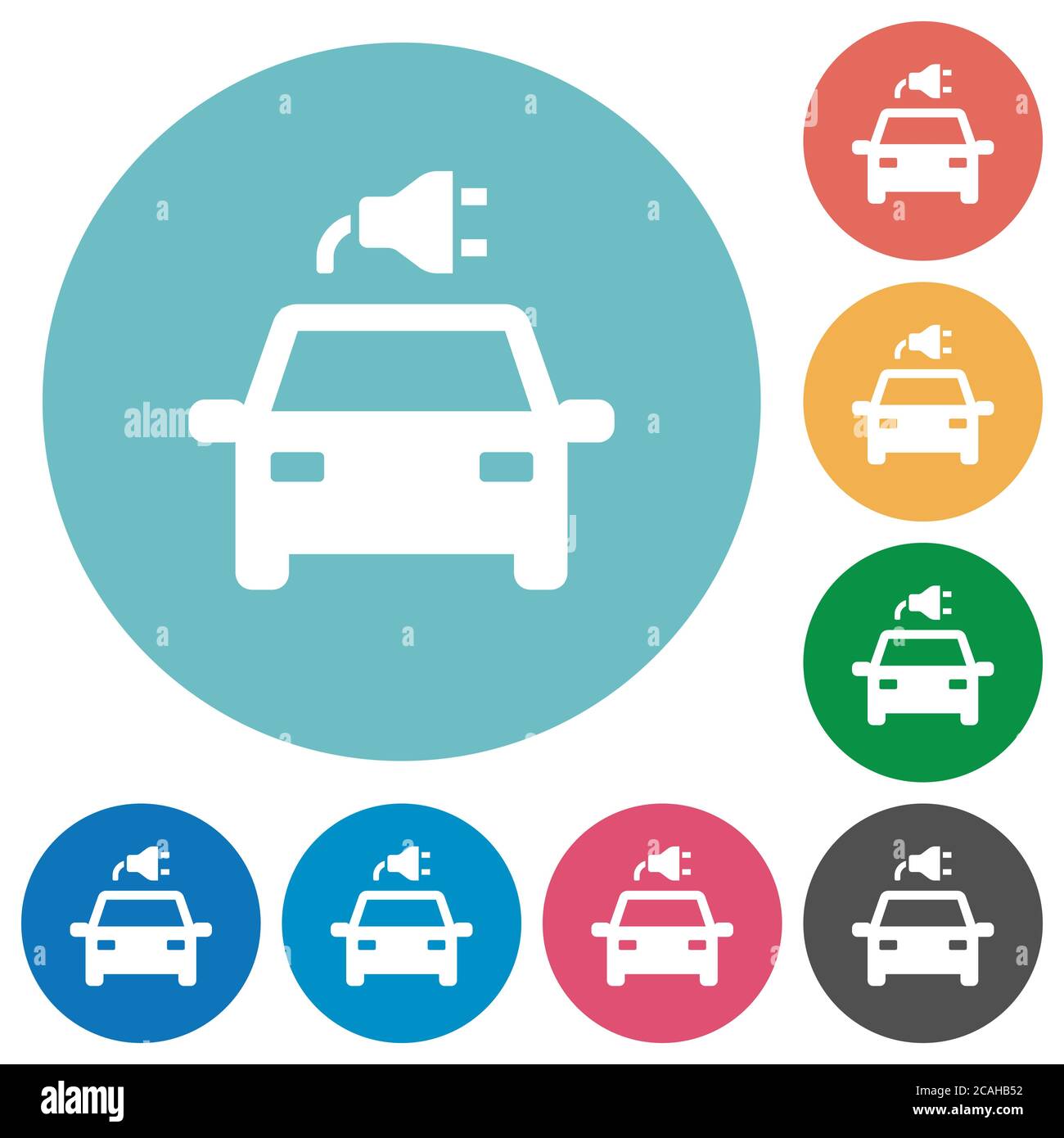 Electric car with connector flat white icons on round color backgrounds ...
